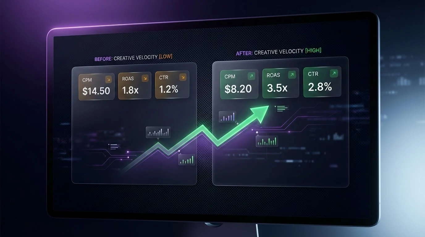Results from AI UGC ads — reduced CPM and improved ROAS shown on a dashboard