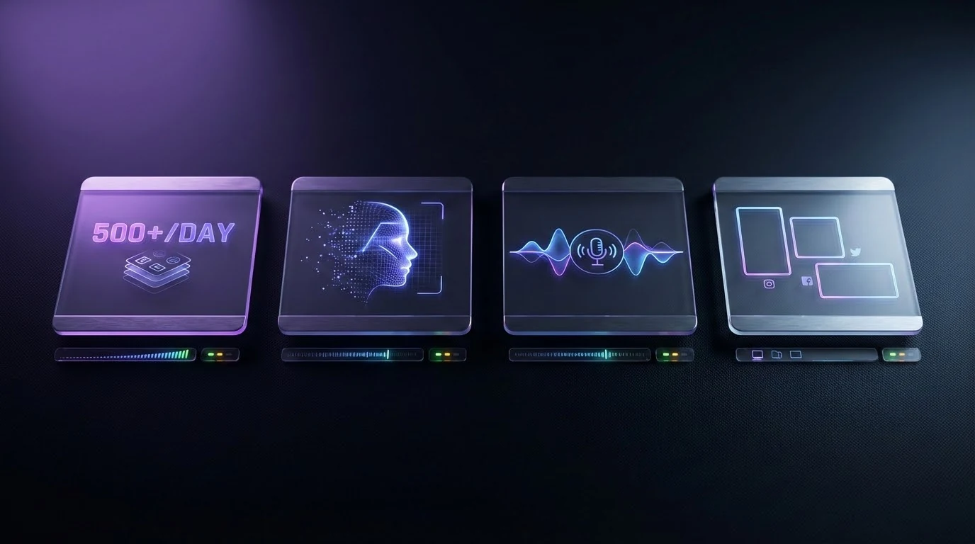 Key features of an AI UGC video generator — bulk output, avatars, voices and ad formats