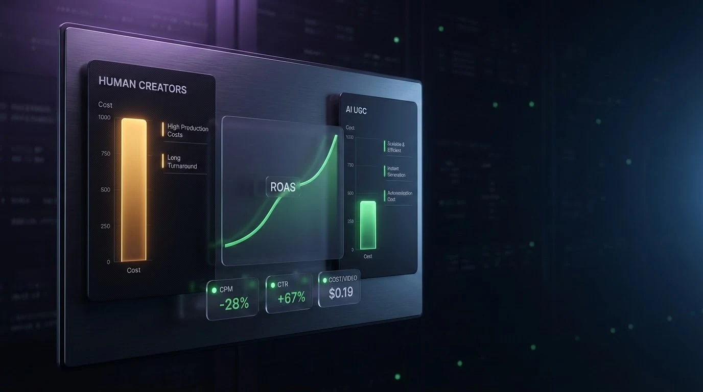 ROI of AI UGC video generation — cost per video vs human creators on a performance dashboard