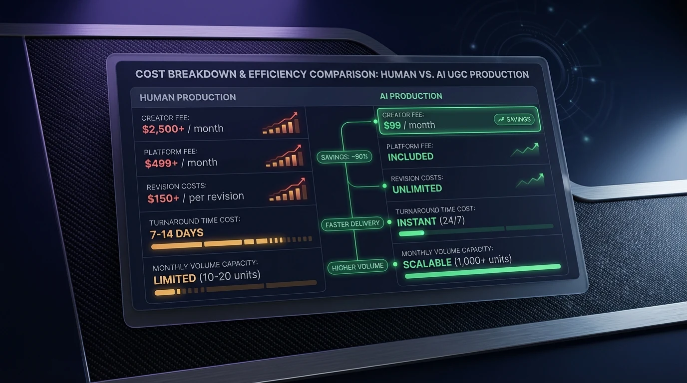 Detailed cost breakdown — AI UGC vs human UGC creators per video and monthly spend