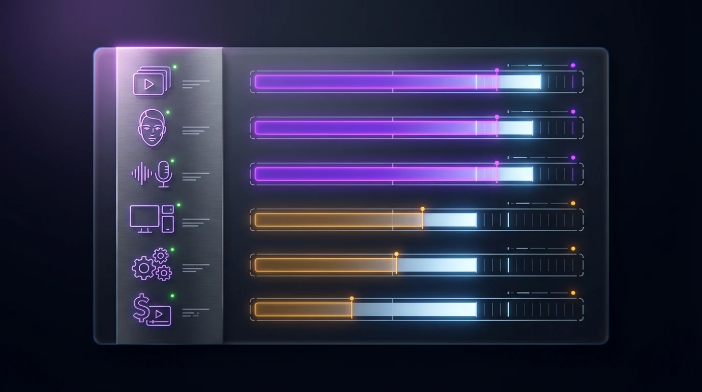 AI UGC tool scorecard — evaluation criteria like volume, avatars, voice and export formats