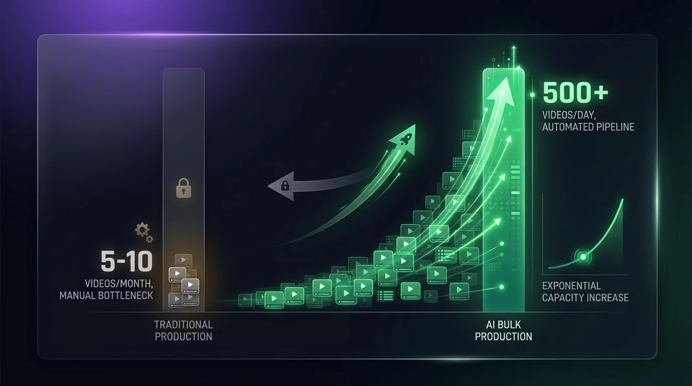 Scale comparison — traditional UGC production vs bulk AI production capacity
